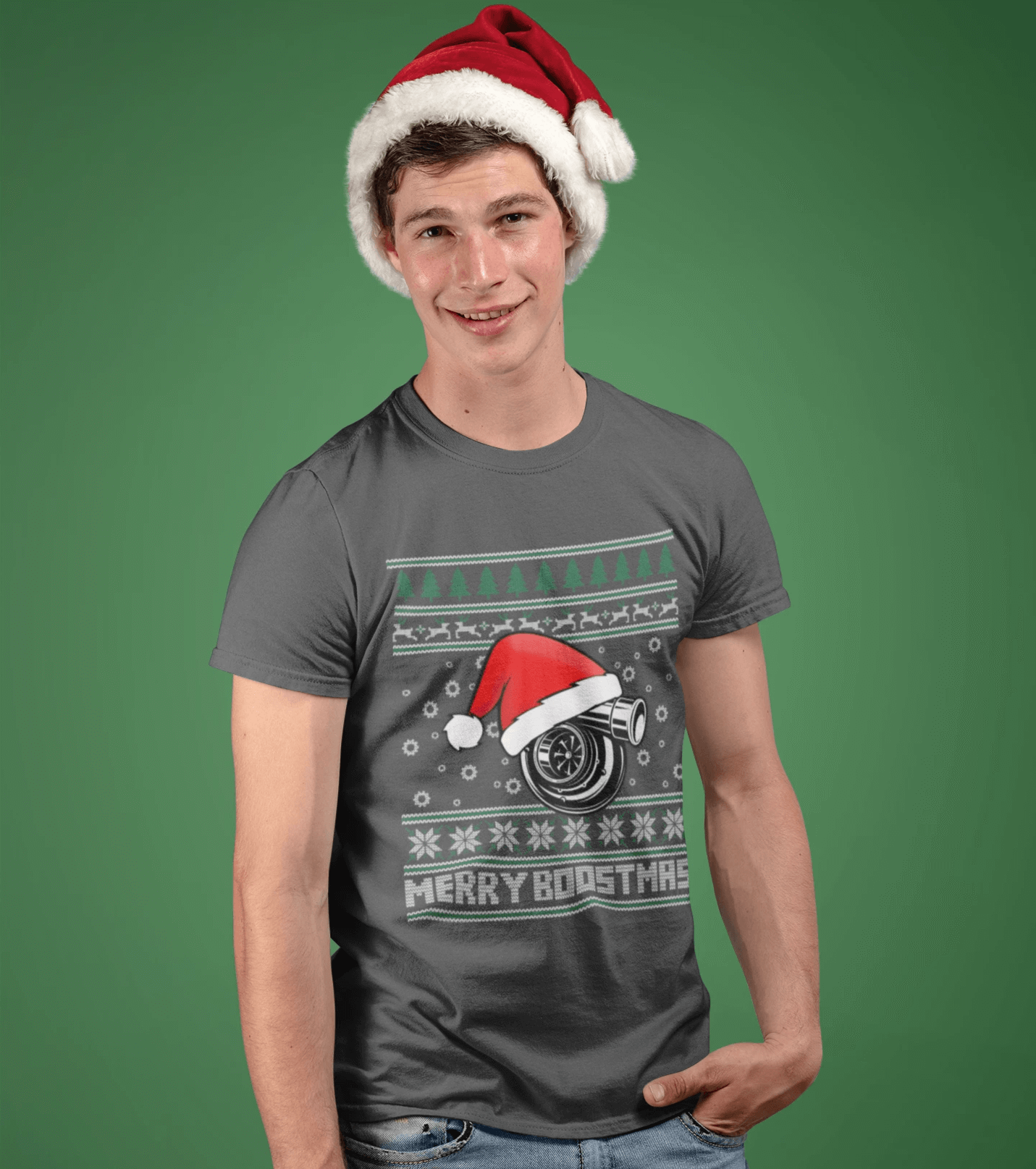 merry boostmas - ugly christmas design, funny dark grey t-shirt, car apparel, xmas gift, christmas gift, turbo, jdm, racecar, the perfect gift