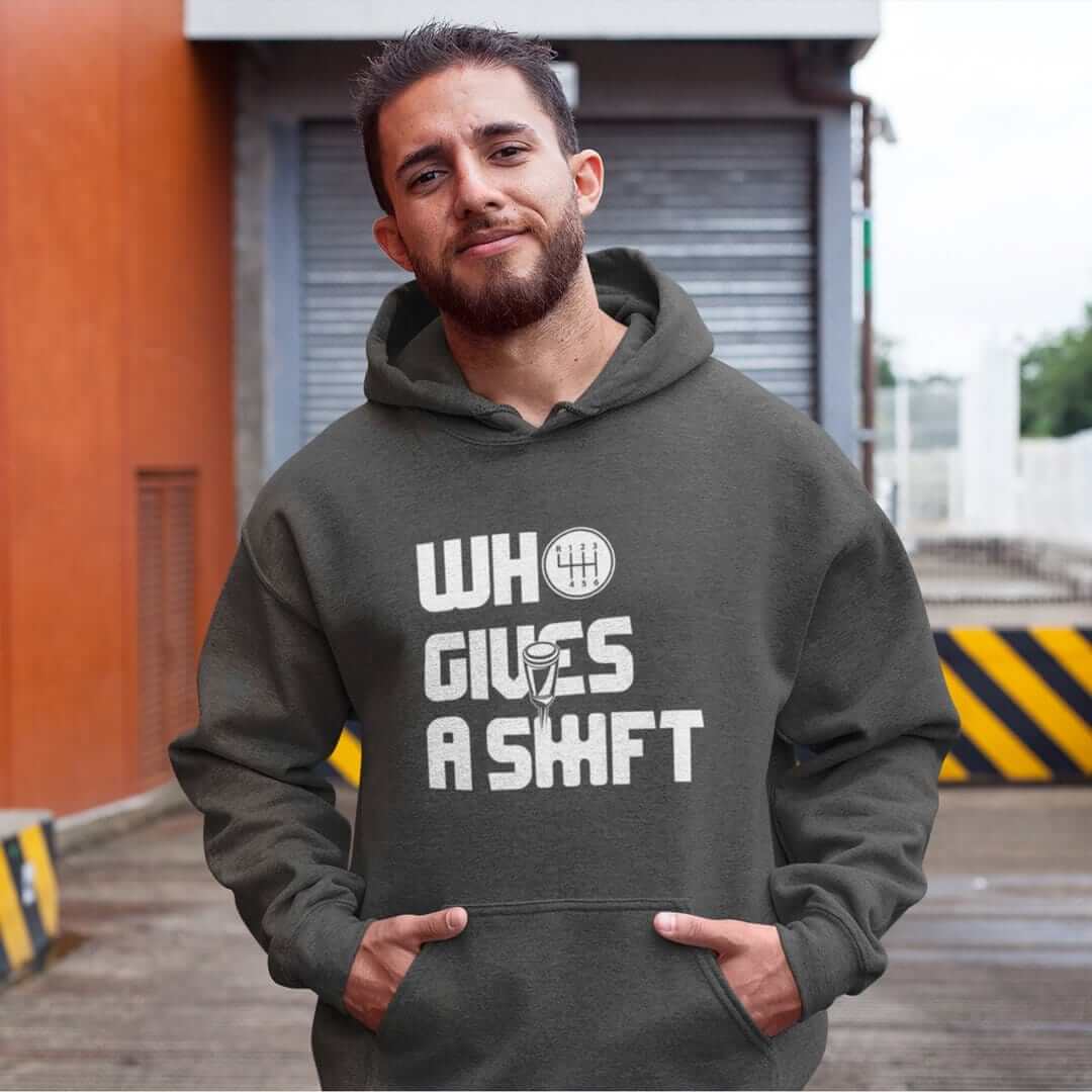 Dark heather who gives a shift car hoodie, car guys gift, car clothing