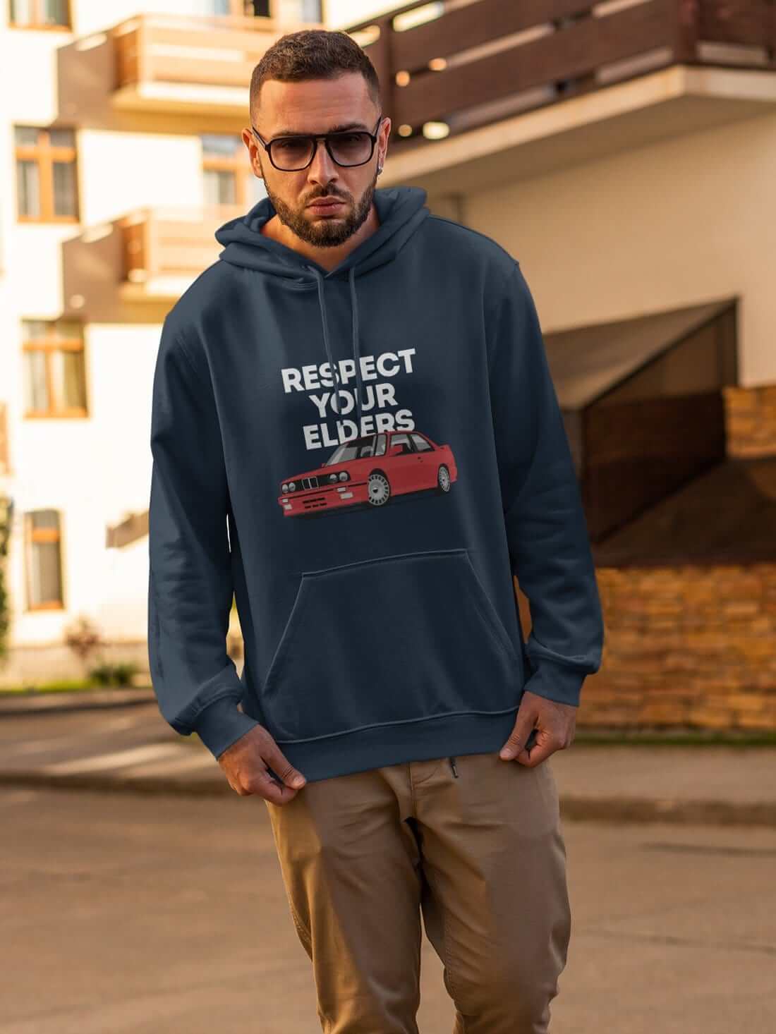 Legendary german car printed on navy car hoodie, designed for car lovers, car guys, car enthusiasts