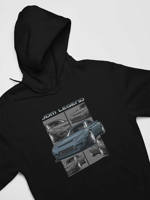 Blue Japanese car printed on a black hoodie, JDM hooded sweatshirt, car guy gift, car lover, car fan, car enthusiast, petrolhead, JDM lover, boyfriend gift idea