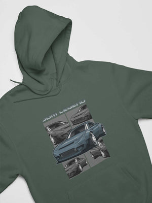 Blue Japanese car printed on a forest green hoodie, JDM hooded sweatshirt, car guy gift, car lover, car fan, car enthusiast, petrolhead, JDM lover, boyfriend gift idea