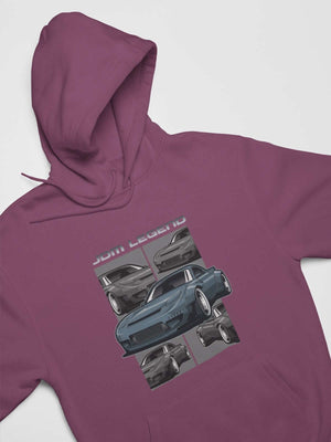 Blue Japanese car printed on a maroon hoodie, JDM hooded sweatshirt, car guy gift, car lover, car fan, car enthusiast, petrolhead, JDM lover, boyfriend gift idea