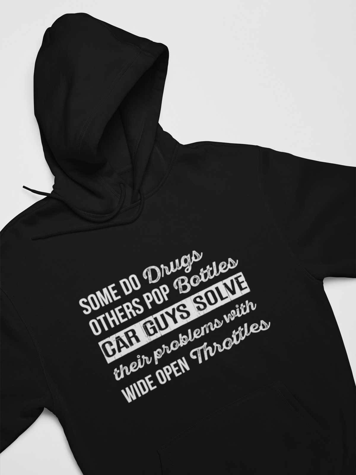 Car Guys Problems hoodie in black — flat lay | funny car enthusiast hoodie