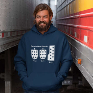 funny car hoodie in navy, 3 pedals, car guys, car lovers, car enthusiasts