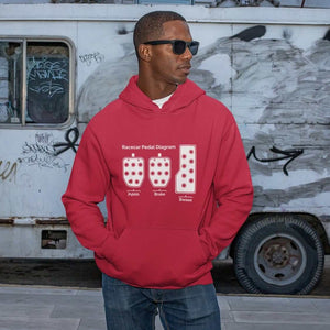 funny car hoodie in red, 3 pedals, car guys, car lovers, car enthusiasts