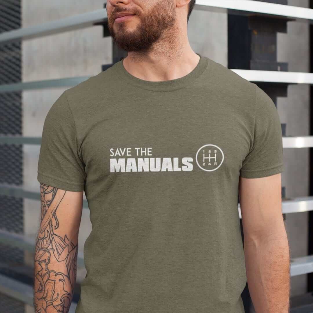 heather olive save the manuals car t shirt car clothing car apparel