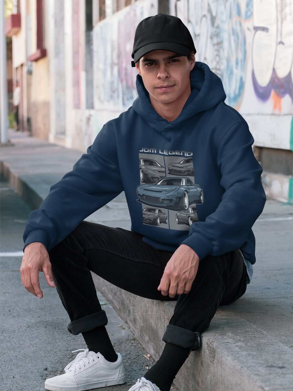 man with Blue Japanese car printed on a navy hoodie, JDM hooded sweatshirt, car guy gift, car lover, car fan, car enthusiast, petrolhead, JDM lover, boyfriend gift idea