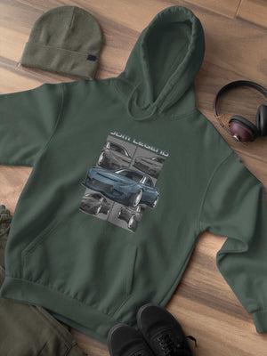 Blue Japanese car printed on a forest green hoodie, JDM hooded sweatshirt, car guy gift, car lover, car fan, car enthusiast, petrolhead, JDM lover, boyfriend gift idea