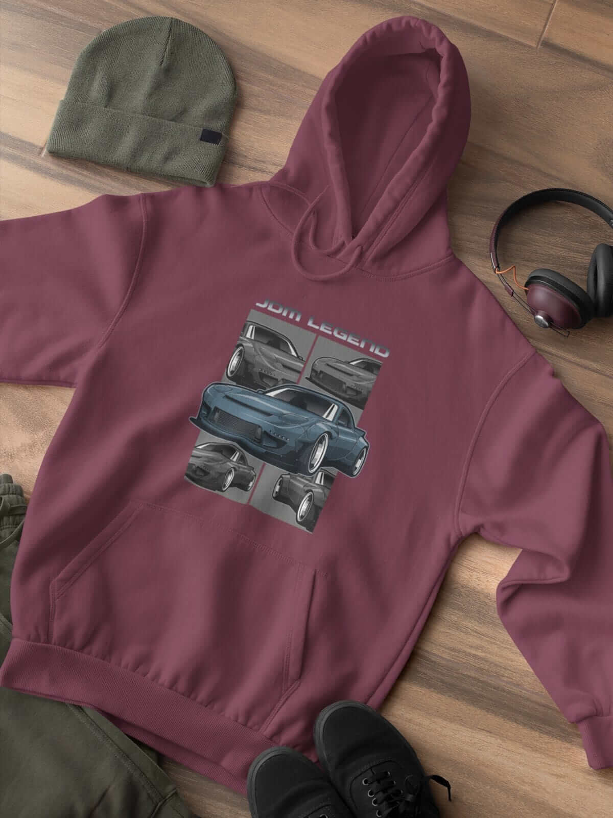 Blue Japanese car printed on a maroon hoodie, JDM hooded sweatshirt, car guy gift, car lover, car fan, car enthusiast, petrolhead, JDM lover, boyfriend gift idea