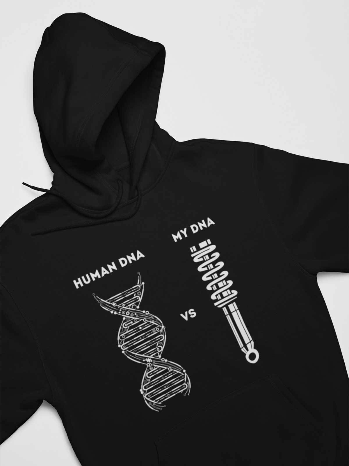 Human DNA vs Car Guys DNA hoodie in black — flat lay | car enthusiast hoodie