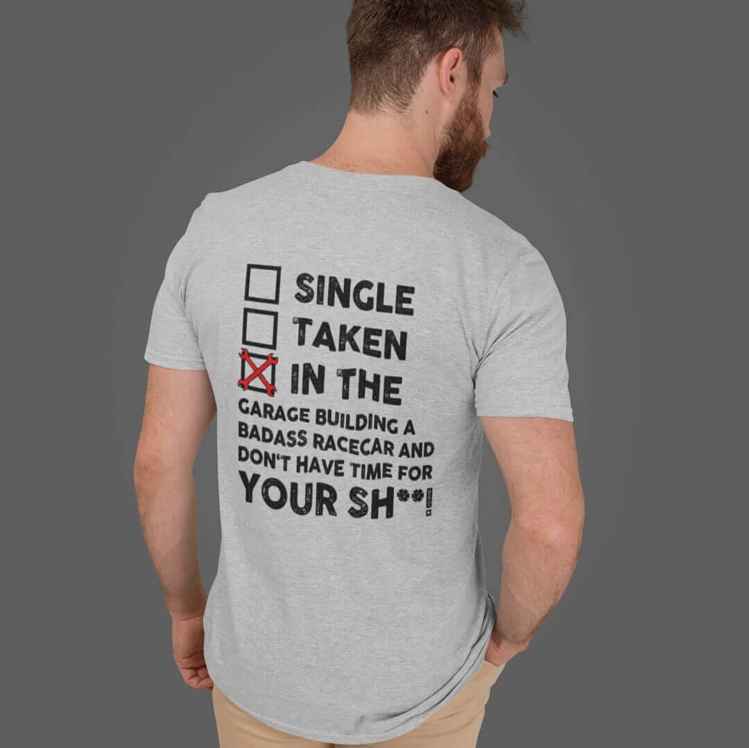 in the garage building a racecar athletic heather t-shirt, car guys clothing