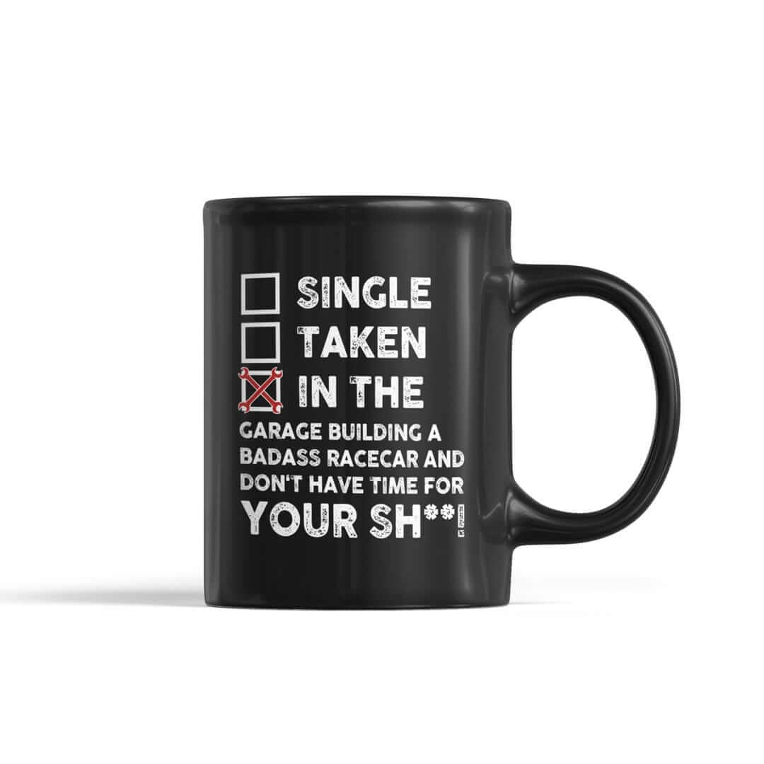 in the garage building a racecar mug, car guys coffee mugs