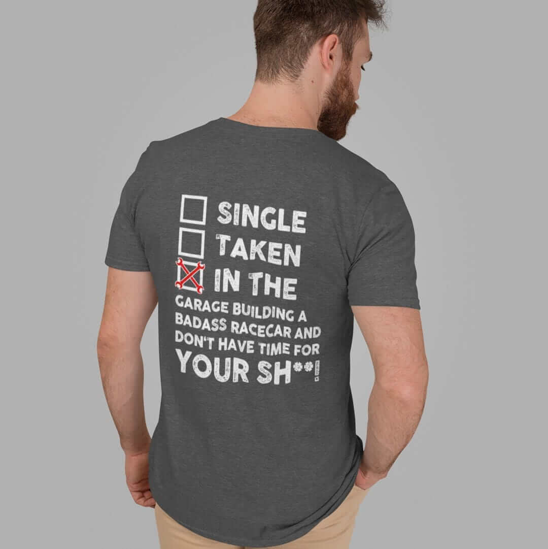 in the garage building a racecar dark grey heather t-shirt, car guys clothing