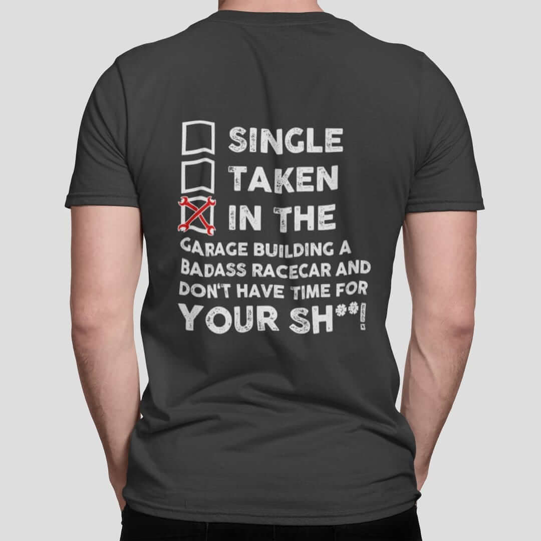 in the garage building a racecar dark grey t-shirt, car guys clothing