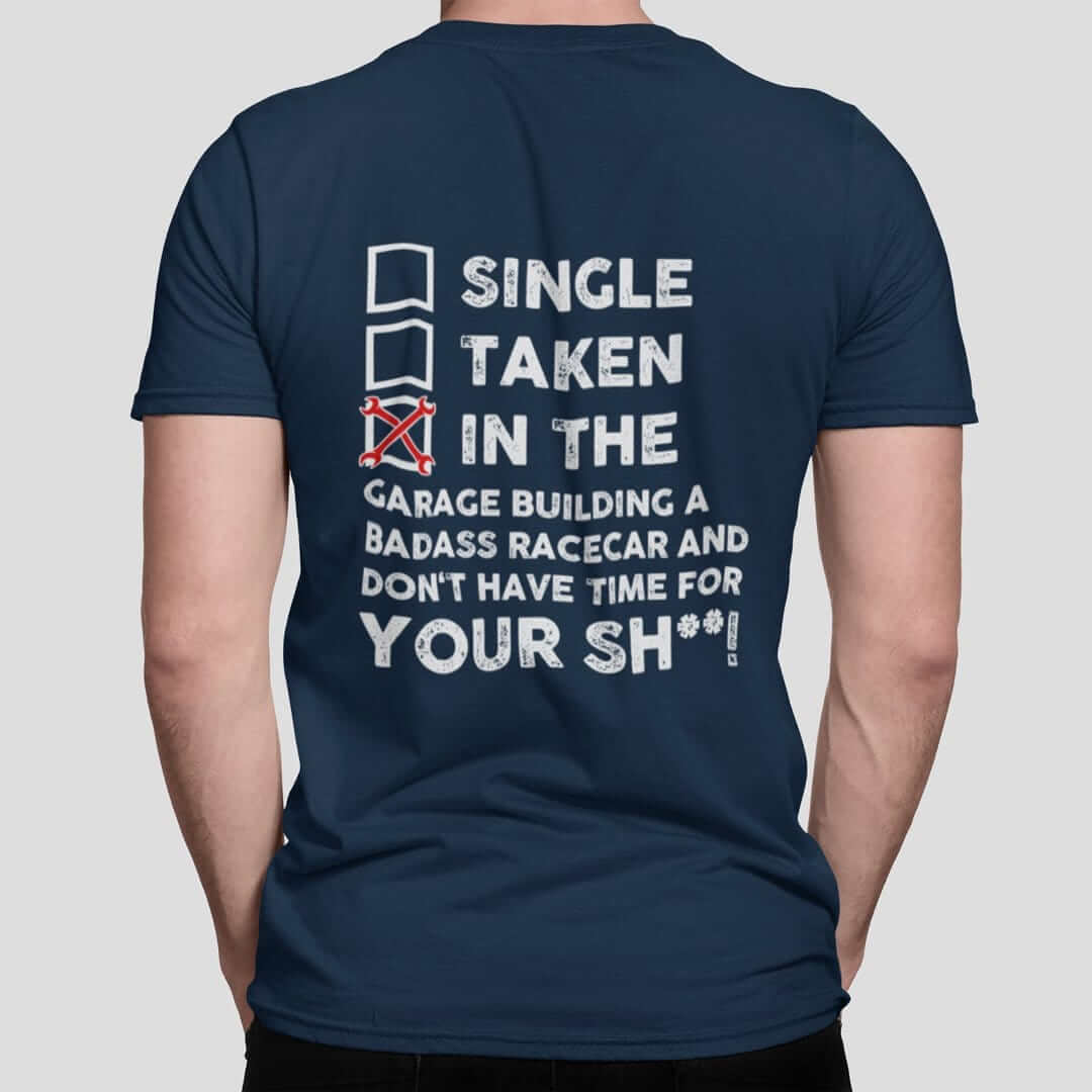 in the garage building a racecar navy t-shirt, car guys clothing
