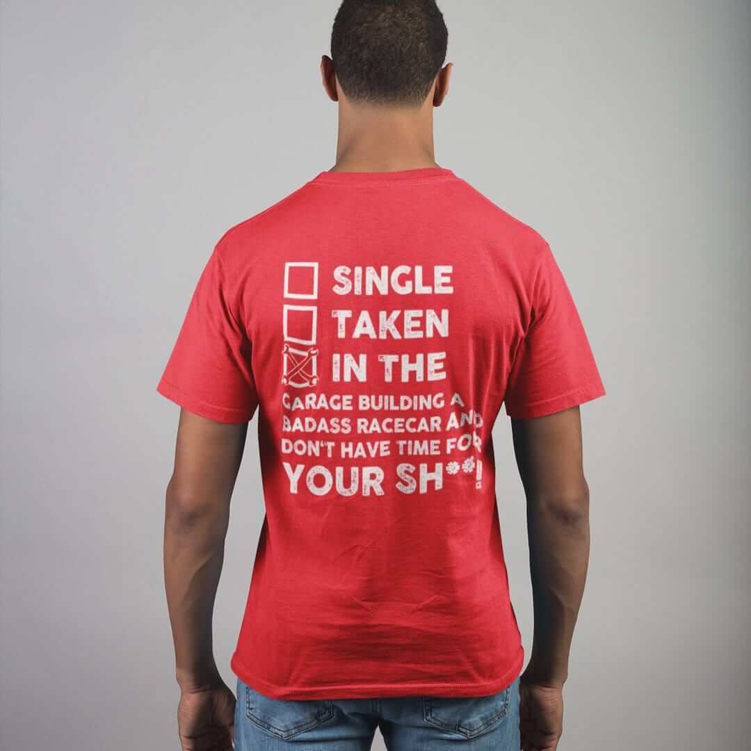 in the garage building a racecar red t-shirt, car guys clothing