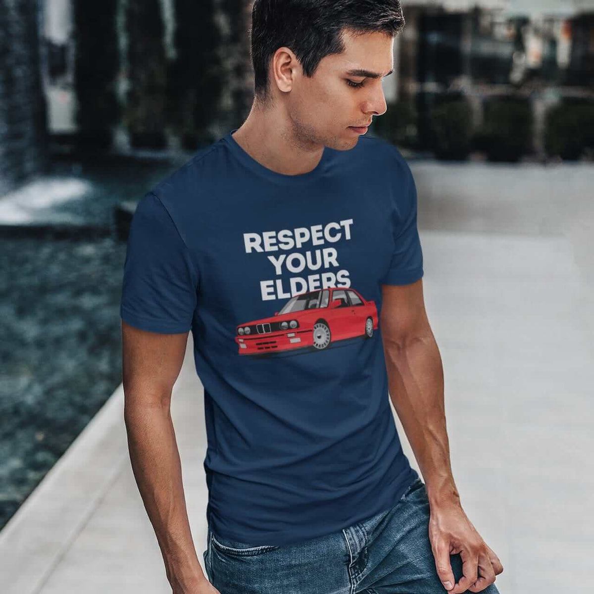 Legendary German car printed on navy car t-shirt designed for car lovers, car guys, car enthusiasts