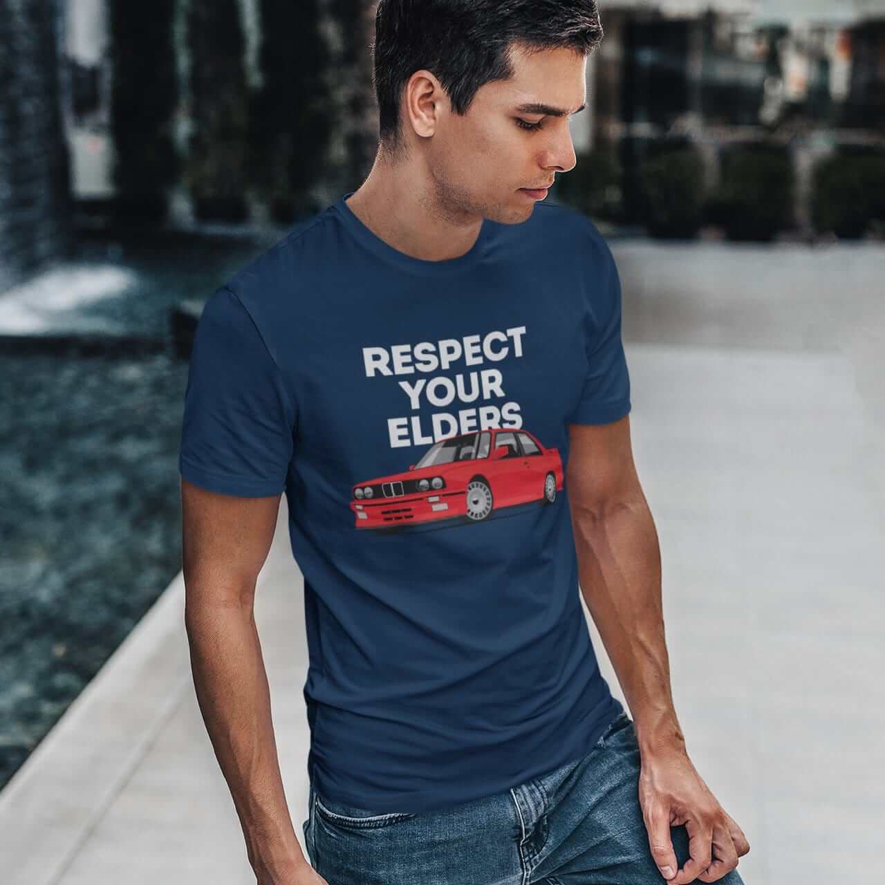 Legendary German car printed on navy car t-shirt designed for car lovers, car guys, car enthusiasts