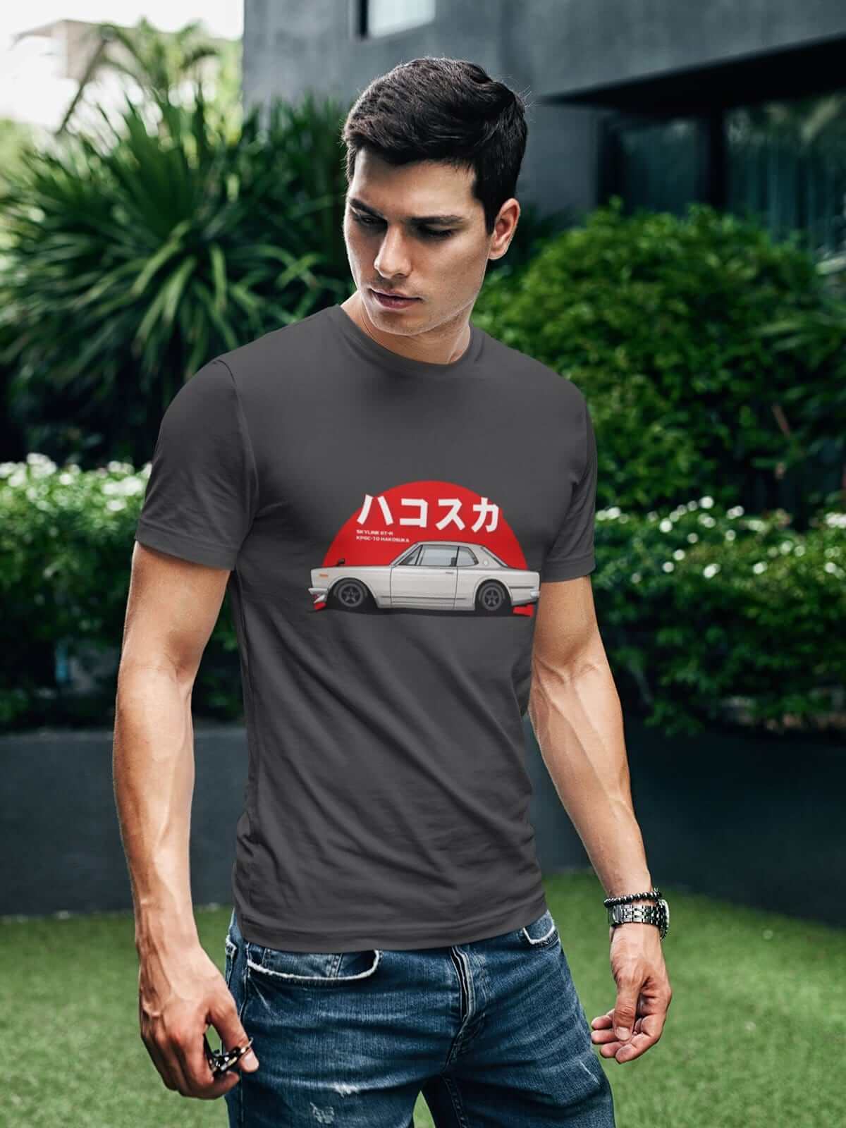 Japanese car printed on dark grey car t-shirt, JDM tee, car guy gift, car lover, car fan, car enthusiast, petrolhead, JDM lover, boyfriend gift idea