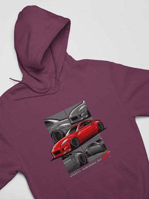 Red Japanese sports car printed on maroon car hoodie, JDM sweatshirt, car guy gift, car lover, car fan, car enthusiast, petrolhead, JDM lover, boyfriend gift idea