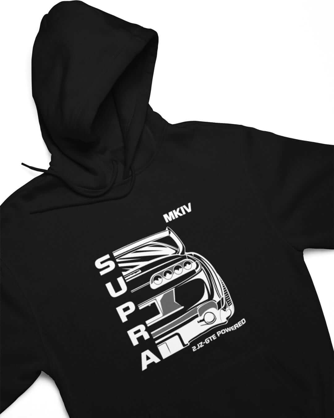 MKIV Supra 2JZ Back Print Hoodie flat lay in black | JDM car guy gift