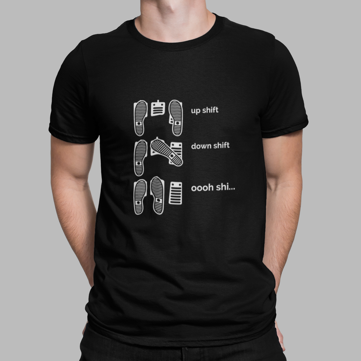 Up Shift Down Shift Oooh Shi t-shirt — flat lay | funny manual car enthusiast tee