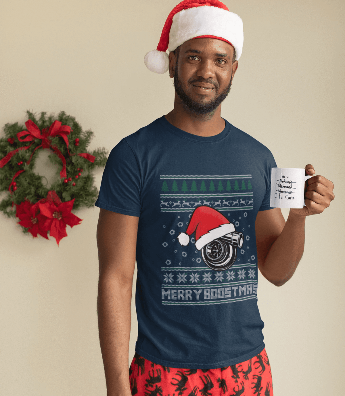 merry boostmas - ugly christmas design, funny navy t-shirt, car apparel, xmas gift, christmas gift, turbo, jdm, racecar, the perfect gift