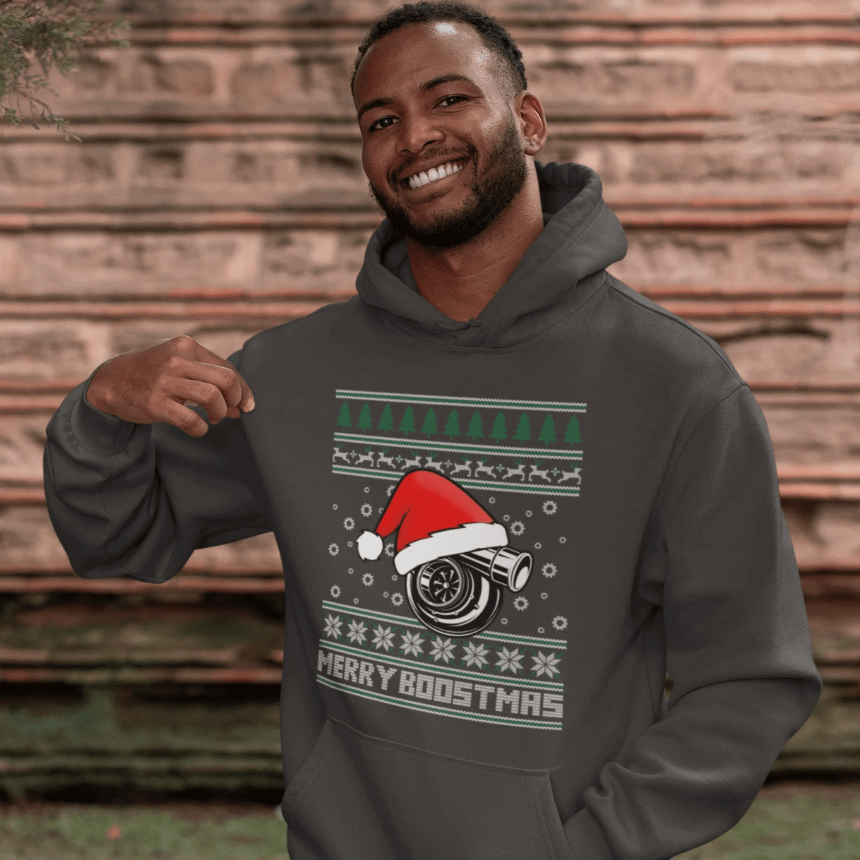 merry boostmas - ugly christmas design, funny dark grey hoodie, car apparel, xmas gift, christmas gift, turbo, jdm, racecar, the perfect gift