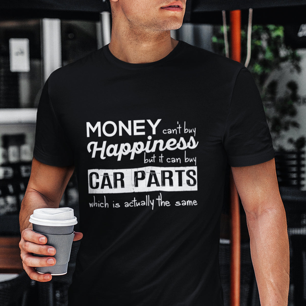 More Car Parts = Happiness funny T-Shirt flat lay | car guy gift