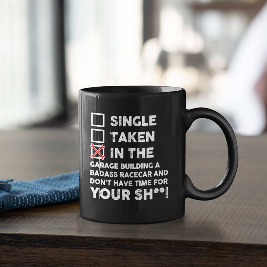 in the garage building a racecar mug, car guys coffee mugs