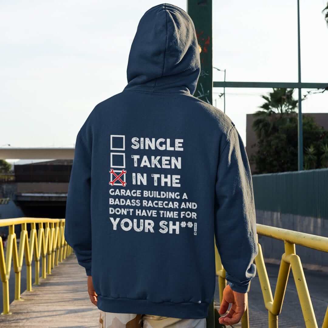 in the garage building a racecar navy hoodie, car guy gift