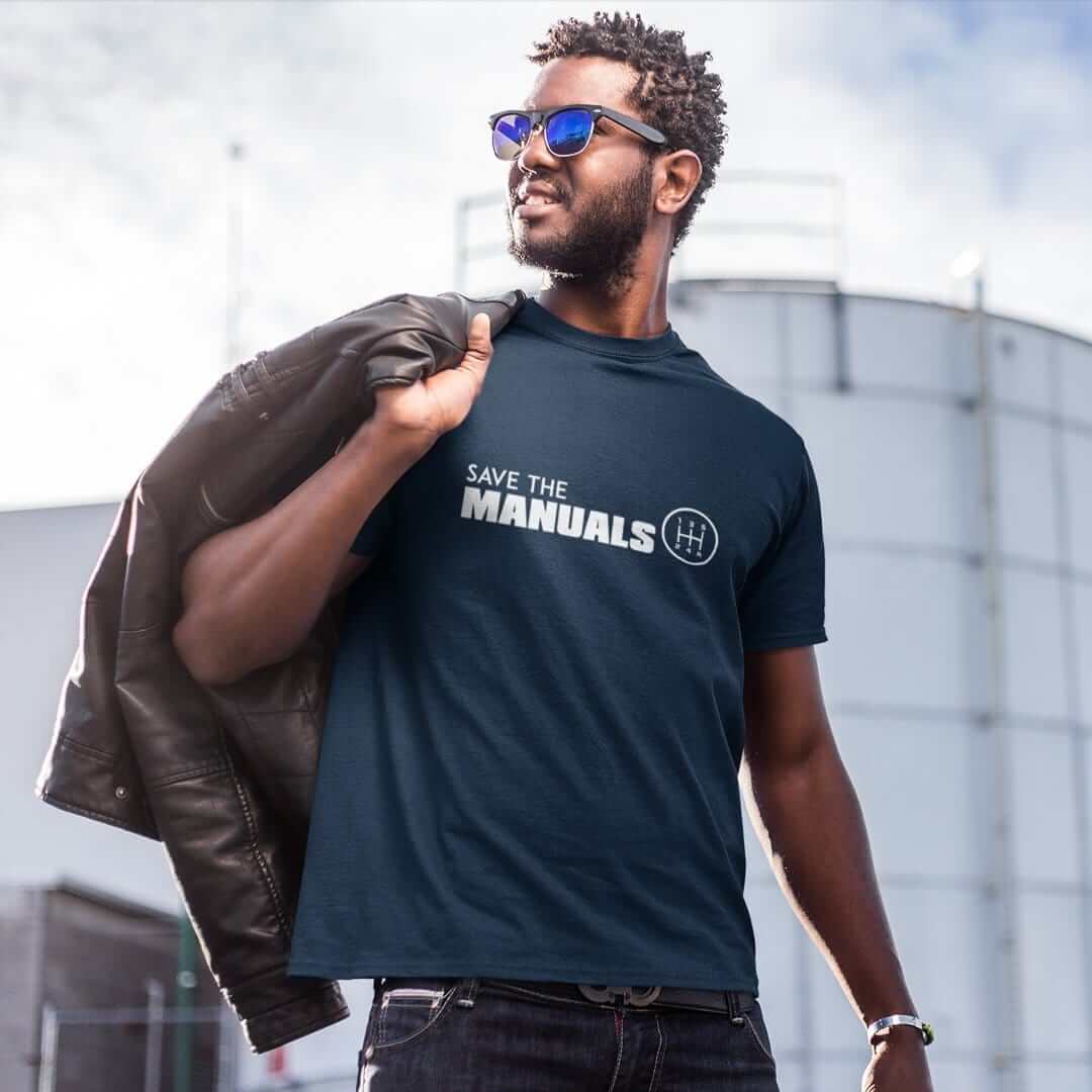 navy blue save the manuals car t shirt car clothing car apparel