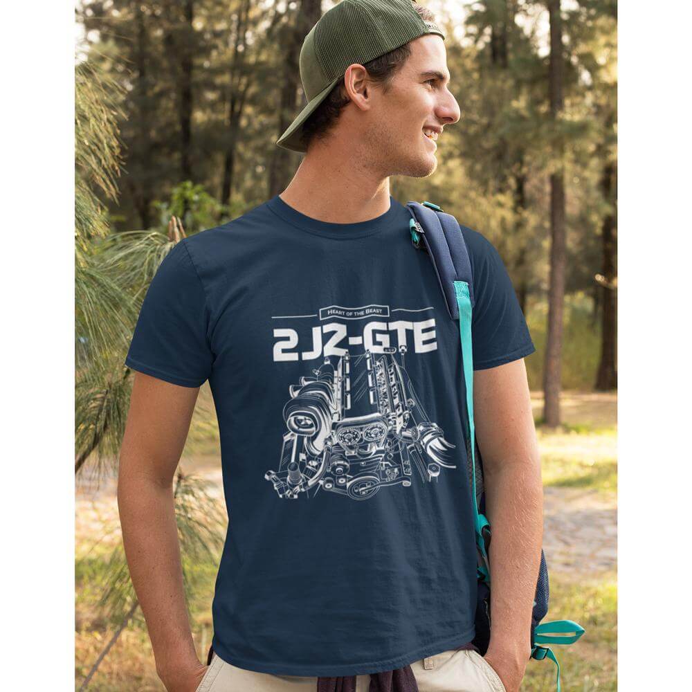 Japanese engine printed on navy car t-shirt, JDM tee, car guy gift, car lover, car fan, car enthusiast, petrolhead, JDM lover, boyfriend gift idea