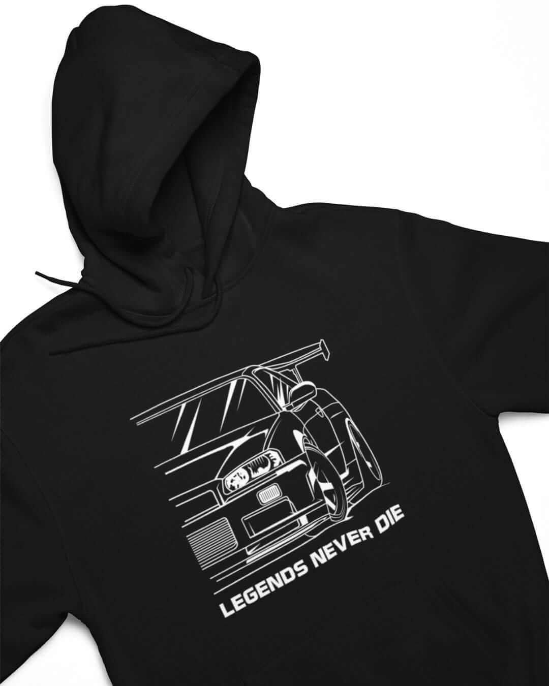 R34 Skyline GTR Legends Never Die JDM car hoodie in black | car guy gift