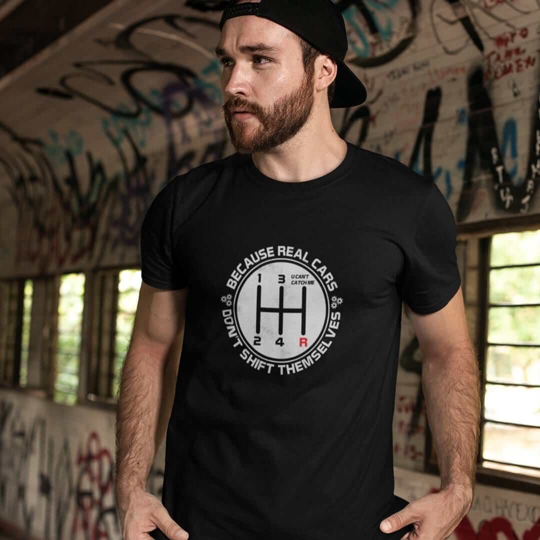 real cars don't shift themselves black t-shirt, car lover, car enthusiast