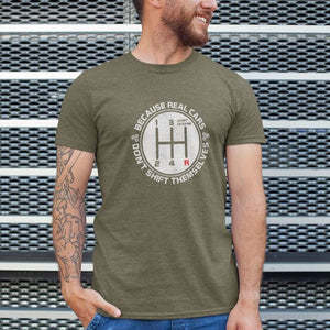 a car guy with real cars don't shift themselves heather olive t-shirt, car lover, car enthusiast