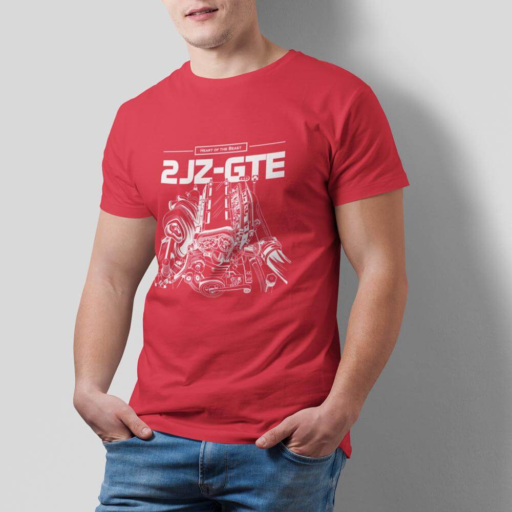 Japanese engine printed on red car t-shirt, JDM tee, car guy gift, car lover, car fan, car enthusiast, petrolhead, JDM lover, boyfriend gift idea
