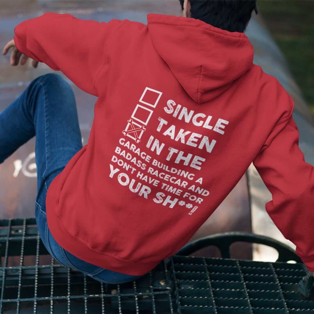 in the garage building a racecar red hoodie, car guy gift