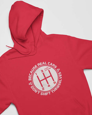 real cars don't shift themselves red car hoodie