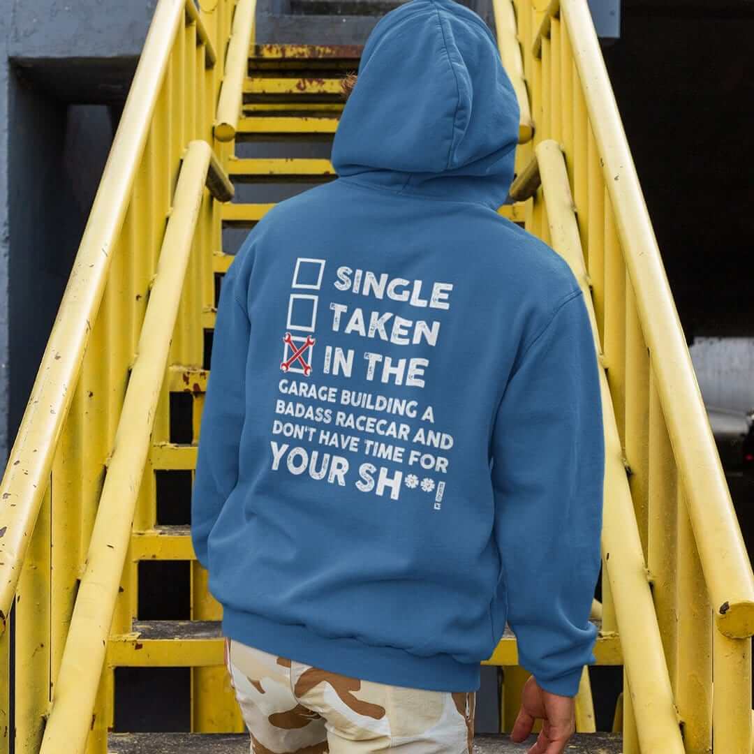 in the garage building a racecar royal blue hoodie, car guy gift