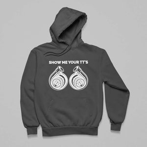 charcoal funny hoodie for car guys, car hoodie, car apparel, car clothing, show me your tt's