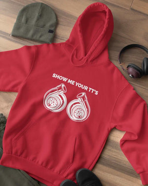 red funny hoodie for car guys, car hoodie, car apparel, car clothing, show me your tt's