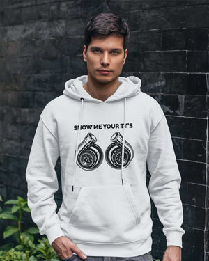 white funny hoodie for car guys, car hoodie, car apparel, car clothing, show me your tt's