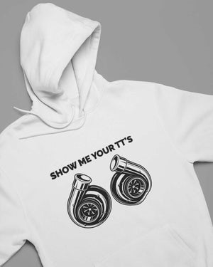white funny hoodie for car guys, car hoodie, car apparel, car clothing, show me your tt's