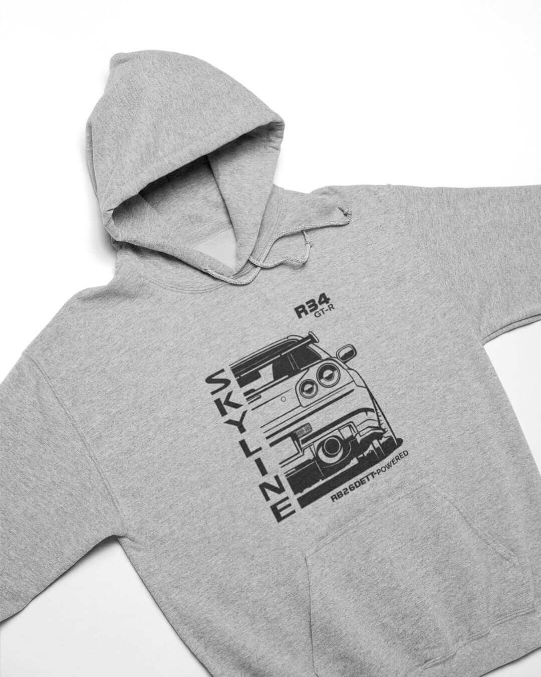 R34 Skyline GTR RB26 JDM Legend back print car hoodie in sport grey | car guy gift