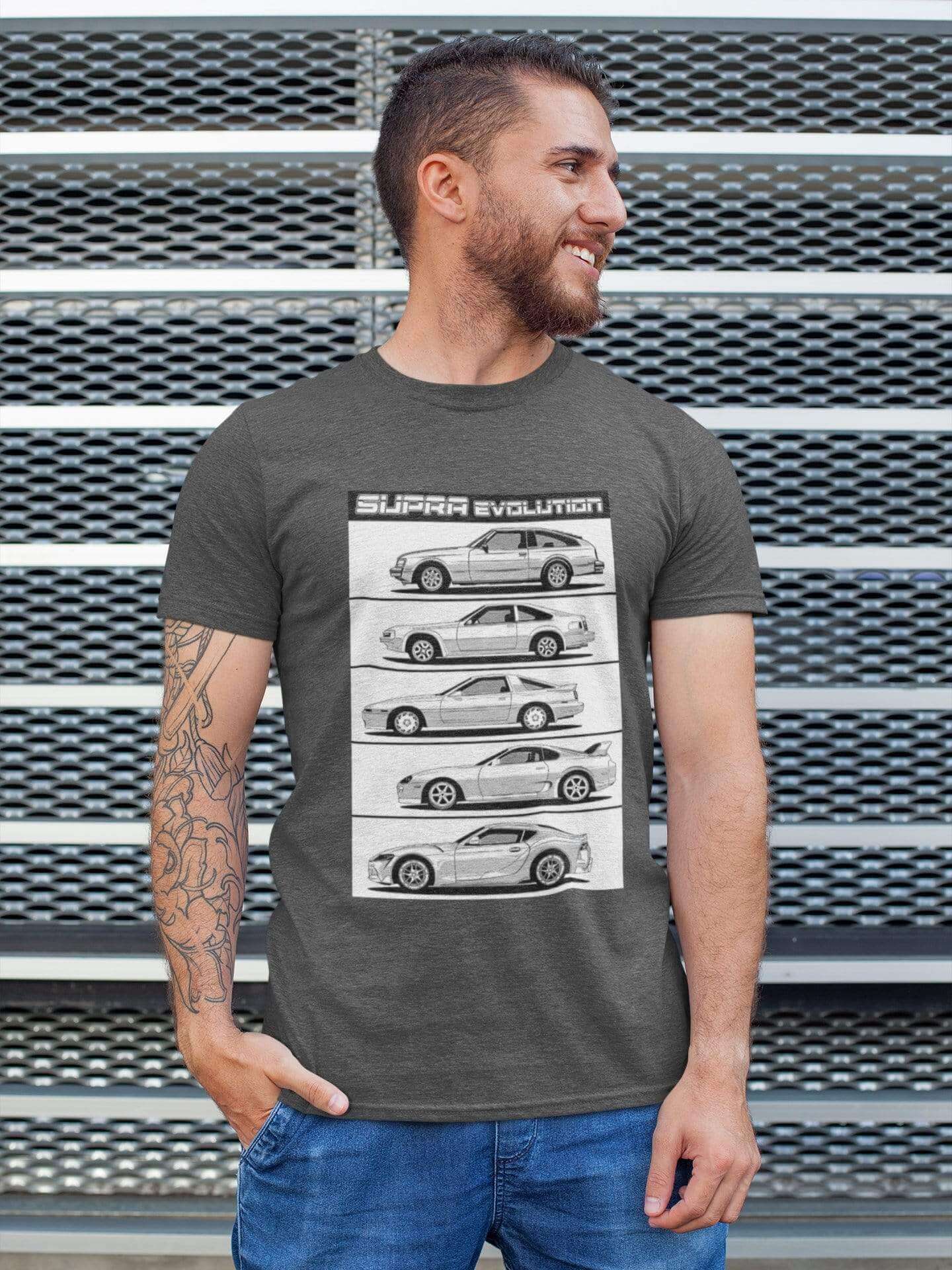 Supra Japanese cars printed on Dark Grey Heather car t-shirt, JDM tee, car guy gift, car lover, car fan, car enthusiast, petrolhead, JDM lover, boyfriend gift idea