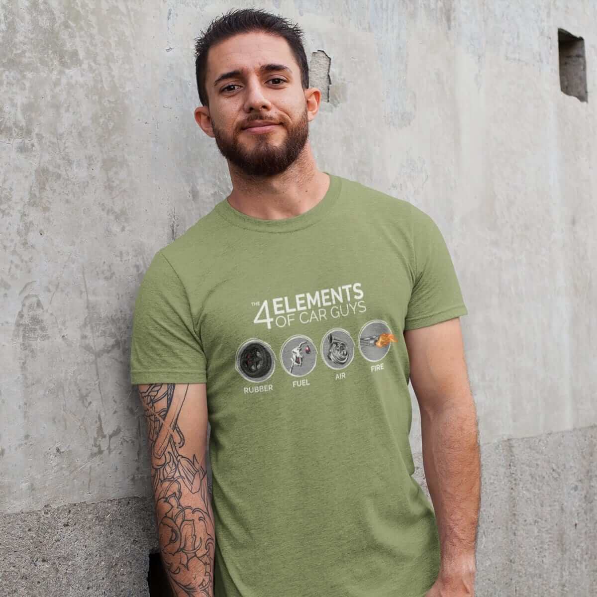 man with funny "the 4 elements of car guys" green heather t-shirt, JDM shirt, car guy gift, car lover, car fan, car enthusiast, petrolhead, JDM lover, boyfriend gift idea tee