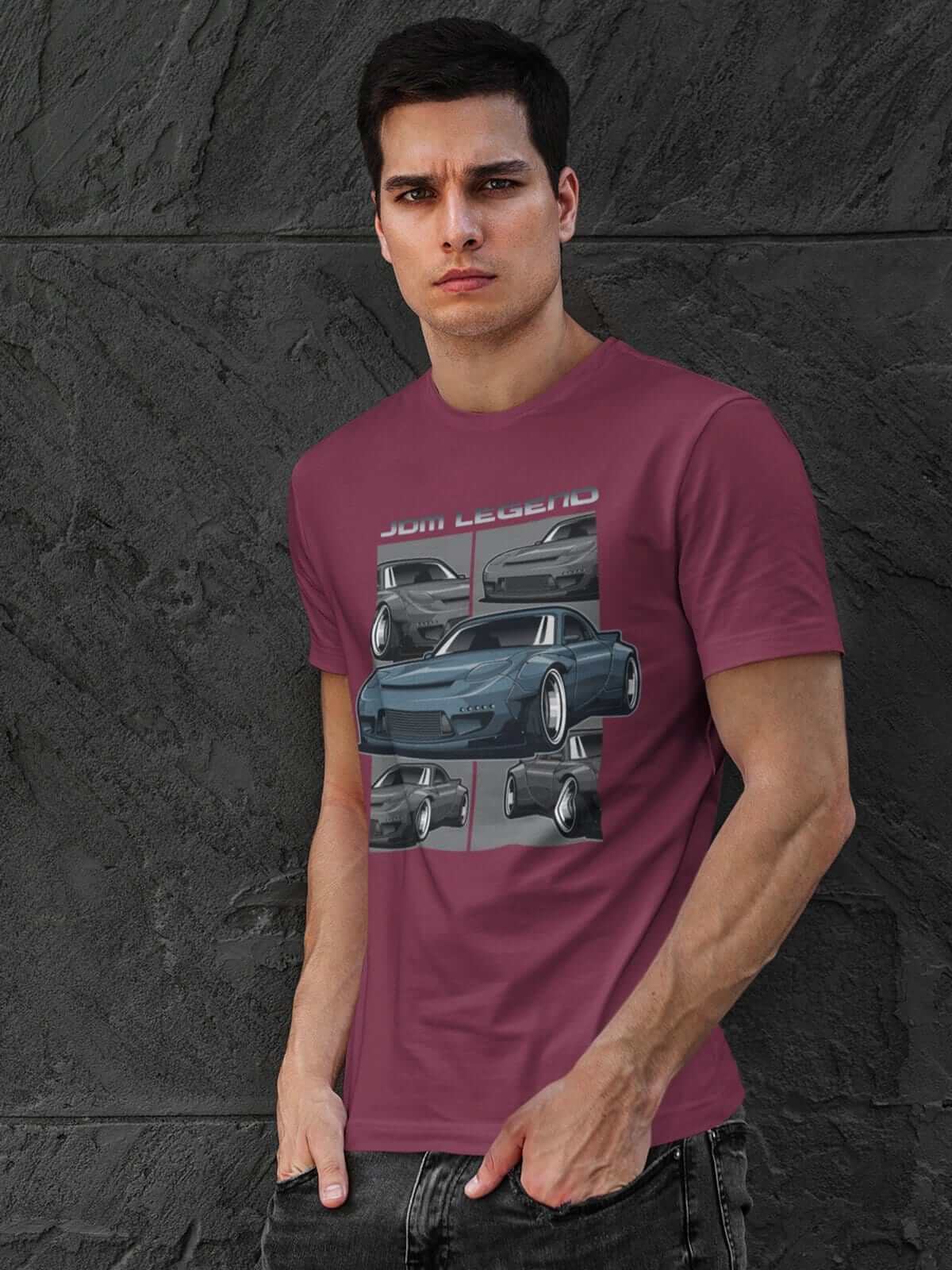 man with Blue Japanese car printed on maroon t-shirt, JDM tee, car guy gift, car lover, car fan, car enthusiast, petrolhead, JDM lover, boyfriend gift idea