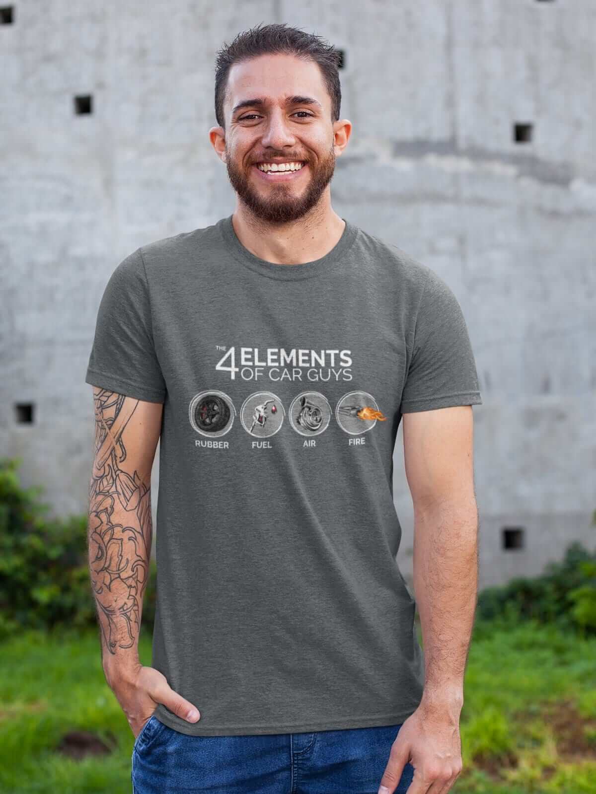 man Funny "the 4 elements of car guys" dark grey heathercar t-shirt, JDM shirt, car guy gift, car lover, car fan, car enthusiast, petrolhead, JDM lover, boyfriend gift idea tee