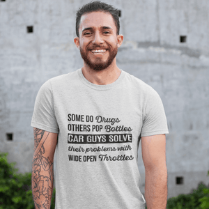 a petrolhead is wearing "car guys problems" car t-shirt made for car guys, JDM t-shirt, a cool t-shirt made for drifters and car lovers, funny car t-shirt, muscle car guys, made in the USA, excellent quality print, free shipping, sale 40% off,  car enthusiasts love it, athletic heather color